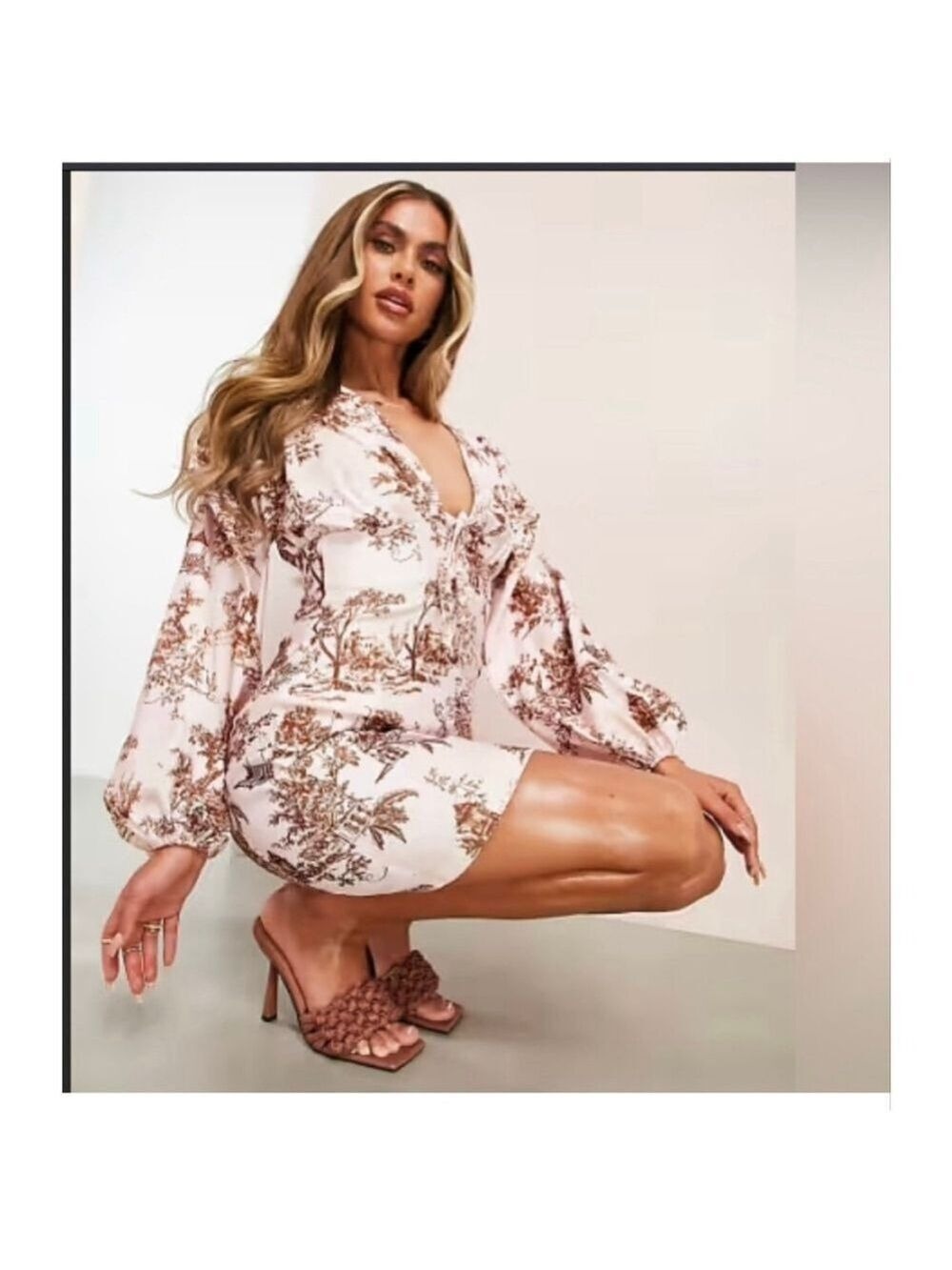 ASOS Luxe Pink Toile Print Mini Dress US 18 Balloon Sleeve Open Back